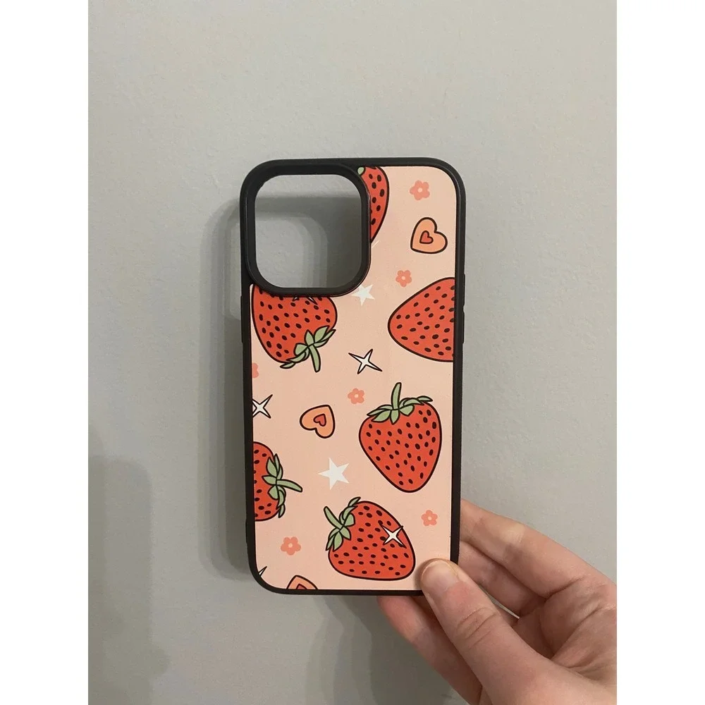 Phone Case Unisex iPhone 14 Pro Max Pink Strawberry Heart Print Bumper Case